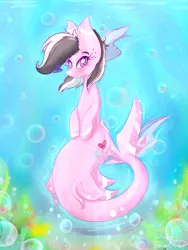 Size: 1500x2000 | Tagged: safe, artist:tractaresolidum, derpibooru import, oc, unofficial characters only, merpony, original species, shark, shark pony, bubble, commission, crepuscular rays, dorsal fin, eyelashes, female, fish tail, flowing mane, flowing tail, image, looking at you, png, purple eyes, seaweed, signature, smiling, solo, sunlight, tail, underwater, ych result