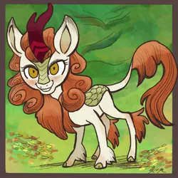 Size: 2048x2048 | Tagged: safe, artist:catscratchpaper, derpibooru import, autumn blaze, kirin, blushing, eyelashes, female, freckles, image, jpeg, looking at you, smiling, smiling at you, solo, style emulation, wolfwalkers