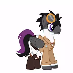 Size: 280x280 | Tagged: safe, artist:sayo yunno, derpibooru import, oc, oc:sayo yunno, pegasus, pony, boots, clothes, coat, folded wings, goggles, image, jacket, jpeg, looking at something, male, pants, pegasus oc, pinterest, pocket, profile, shirt, shoes, simple background, smiling, solo, stallion, straps, two toned tail, white background, wings