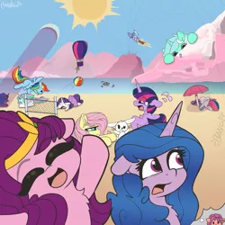 Size: 2000x2000 | Tagged: safe, artist:llametsul, derpibooru import, fluttershy, izzy moonbow, lyra heartstrings, pipp petals, princess celestia, princess luna, rainbow dash, rarity, sunny starscout, trixie, twilight sparkle, zipp storm, alicorn, earth pony, pegasus, pony, rabbit, unicorn, animal, beach, body swap, clothes, cute, dress, eyes closed, floppy ears, g5, giant pony, high res, hot air balloon, image, macro, moon, mountain, open mouth, open smile, panic, passed out, png, relaxing, sand, sky, smiling, sports, sun, umbrella, volleyball, water