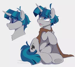 Size: 1695x1502 | Tagged: safe, artist:crimmharmony, derpibooru import, pony of shadows, stygian, unicorn, bust, cape, clothes, colored sketch, image, looking back, male, png, portrait, solo, solo male, worried, worried smile