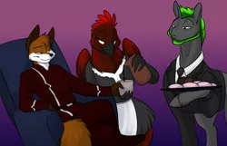 Size: 1000x643 | Tagged: safe, artist:foxenawolf, derpibooru import, oc, oc:free agent, oc:long path, unofficial characters only, anthro, earth pony, fox, gryphon, pony, fanfic:cosmic lotus, clothes, fanfic art, green mane, image, png, red feathers