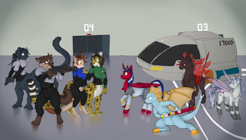 Size: 1000x571 | Tagged: artist needed, safe, derpibooru import, oc, oc:amethyst scroll, oc:eon path, oc:wandering path, alicorn, anthro, cat, chakat, changeling, original species, pony, taur, fanfic:cosmic lotus, clothes, fanfic art, gun, image, png, red changeling, space shuttle, sword, weapon