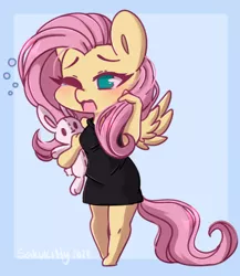 Size: 1460x1680 | Tagged: safe, artist:sakukitty, derpibooru import, fluttershy, anthro, pegasus, rabbit, unguligrade anthro, animal, blushing, breasts, busty fluttershy, clothes, cute, daaaaaaaaaaaw, dress, female, image, jpeg, no pupils, one eye closed, open mouth, plushie, shyabetes, sleepy, sleeveless, solo, teary eyes, volumetric mouth, yawn