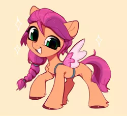 Size: 1292x1180 | Tagged: safe, artist:vensual99, derpibooru import, sunny starscout, pony, my little pony: a new generation, chest fluff, cute, fake wings, female, filly, g5, image, jpeg, leg fluff, looking at you, orange background, simple background, smiling, solo, sunnybetes