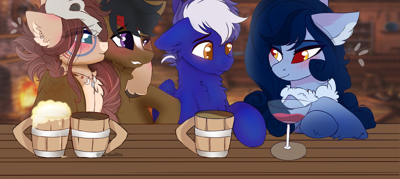 Size: 6000x2696 | Tagged: safe, artist:2pandita, derpibooru import, oc, oc:maverick, oc:ondrea, oc:tundra, oc:vigilance, pegasus, alcohol, bar, beer, blushing, bone, chest fluff, couples, drinking, drunk, image, kissing, kiss on the cheek, pair, png, wine