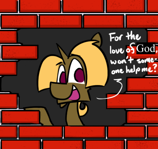 Size: 548x517 | Tagged: safe, alternate version, artist:guru, derpibooru import, oc, oc:hugsworthy, brick wall, commission, edgar allan poe, funny, image, immurement, meme, parody, png, the cask of amontillado