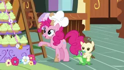 Size: 1280x720 | Tagged: safe, derpibooru import, screencap, gummy, pinkie pie, pound cake, alligator, earth pony, pegasus, pony, season 5, the one where pinkie pie knows, baby, baby pony, cake, colt, female, food, image, male, mare, open mouth, png, ponies riding gators, riding, sugarcube corner