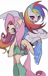 Size: 837x1326 | Tagged: safe, artist:dengdengbobo, derpibooru import, fluttershy, rainbow dash, anthro, blushing, boots, clothes, cloud, duo, female, flying, image, jpeg, looking at you, shoes, simple bac, simple background, skirt, white background, wings