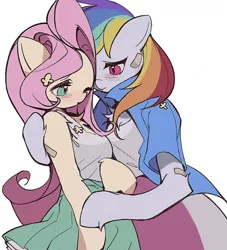 Size: 949x1044 | Tagged: safe, artist:dengdengbobo, derpibooru import, fluttershy, rainbow dash, anthro, blushing, clothes, duo, female, flutterdash, holding hooves, hug, image, jacket, jpeg, lesbian, shipping, simple background, skirt, white background