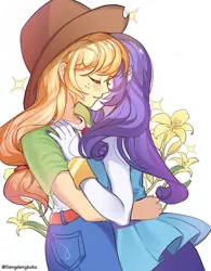 Size: 1177x1506 | Tagged: safe, artist:dengdengbobo, derpibooru import, applejack, rarity, human, equestria girls, applejack's hat, blushing, clothes, cowboy hat, dress, duo, eyes closed, female, flower, geode of super strength, hat, hug, image, jpeg, lesbian, magical geodes, rarijack, shipping, simple background, white background