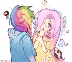 Size: 1126x979 | Tagged: safe, artist:dengdengbobo, derpibooru import, fluttershy, rainbow dash, bear, bird, butterfly, human, insect, panda, equestria girls, blush sticker, blushing, clothes, duo, female, hair over one eye, image, jpeg, question mark, shirt, simple background, sweater, white background