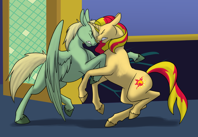 Size: 1000x692 | Tagged: safe, artist:foxenawolf, derpibooru import, sunset shimmer, oc, oc:mark wells, pegasus, pony, unicorn, fanfic:off the mark, blonde hair, bonk, crash, eyes closed, green fur, image, png, spread wings, wings, yellow fur