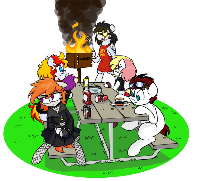 Size: 3008x2714 | Tagged: safe, artist:thegamefilmguruman, derpibooru import, oc, oc:alter ego, oc:artyom, oc:commissar junior, oc:ela, oc:roxxi, oc:tempest ja, altenior, apron, burnt, clothes, fire, goggles, image, parent:oc:alter ego, parent:oc:commissar junior, parents:altenior, picnic, png