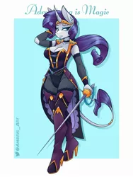 Size: 1800x2400 | Tagged: safe, artist:ambris, derpibooru import, rarity, anthro, classical unicorn, unguligrade anthro, unicorn, adventuring is magic, alternate hairstyle, belly button, bodysuit, clothes, cloven hooves, colored pupils, fantasy class, female, image, jpeg, leonine tail, looking at you, multiple variants, rapier, redraw, rogue, smiling, smirk, solo, sword, unshorn fetlocks, weapon