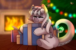 Size: 900x599 | Tagged: safe, artist:mediasmile666, derpibooru import, oc, unofficial characters only, original species, christmas, christmas tree, fireplace, holiday, image, indoors, png, present, solo, tree, winter