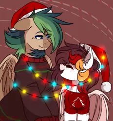Size: 900x970 | Tagged: safe, artist:mediasmile666, derpibooru import, oc, unofficial characters only, bat pony, pegasus, pony, abstract background, bat pony oc, bat wings, christmas, duo, hat, holiday, image, male, png, santa hat, stallion, wings