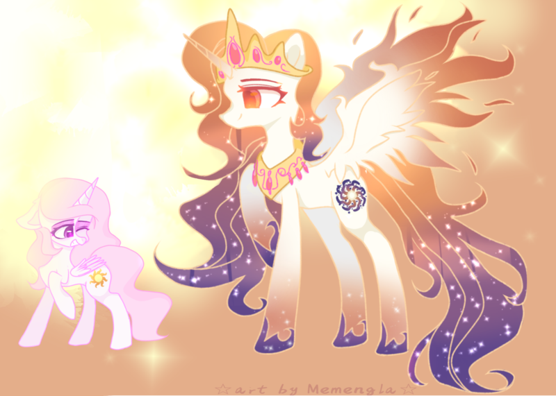 Size: 2036x1454 | Tagged: safe, artist:memengla, derpibooru import, princess celestia, oc, oc:queen galaxia, alicorn, pony, image, png