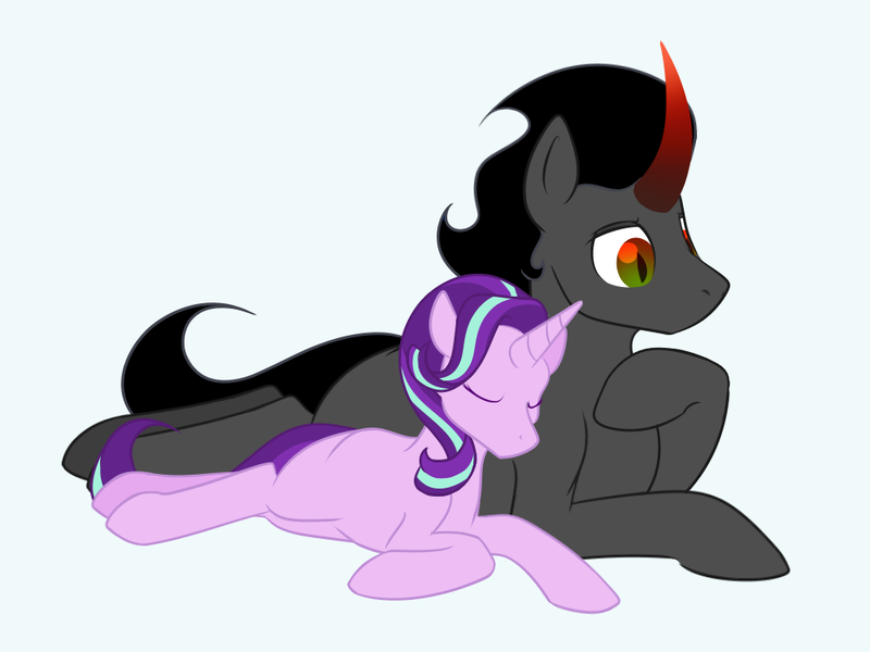 Size: 1000x750 | Tagged: safe, artist:enigmadoodles, derpibooru import, king sombra, starlight glimmer, pony, female, image, lying down, male, png, prone, shipping, simple background, starlightsombra, straight