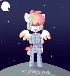 Size: 1336x1456 | Tagged: safe, artist:spritecranbirdie, derpibooru import, oc, oc:al kohal, unofficial characters only, pegasus, pony, anorexic, bipedal, clothes, covered eyes, ethereal mane, freckles, image, male, moon, multicolored hair, night, onesie, pacifier, pajamas, png, solo, standing, starry mane, stars, text, two toned wings, wings