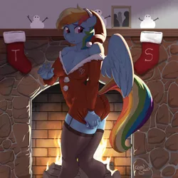 Size: 5000x5000 | Tagged: suggestive, alternate version, artist:kevinsano, derpibooru import, rainbow dash, anthro, pegasus, pony, unguligrade anthro, absolute cleavage, big breasts, boobs and butt pose, breasts, busty rainbow dash, christmas, christmas stocking, cleavage, clothes, costume, female, fire, fireplace, hat, holiday, image, mare, patreon, patreon logo, png, ripping clothes, santa costume, santa hat, sexy, socks, solo, solo female, stockings, stupid sexy rainbow dash, thigh highs, wardrobe malfunction