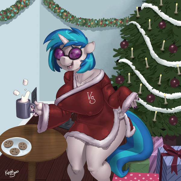 Size: 5000x5000 | Tagged: suggestive, artist:kevinsano, derpibooru import, vinyl scratch, anthro, pony, unicorn, big breasts, breasts, busty vinyl scratch, christmas, christmas tree, cookie, drunk, eggnog, erect nipples, female, food, holiday, huge breasts, image, mare, marshmallow, mug, nail polish, nipple outline, patreon, patreon logo, png, solo, solo female, tree