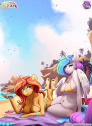 Size: 2585x3504 | Tagged: suggestive, alternate version, artist:sugarlesspaints, derpibooru import, princess celestia, sunset shimmer, alicorn, anthro, plantigrade anthro, pony, unicorn, art pack:summer passion pack, art pack, barefoot, beach, beach babe, bedroom eyes, belly, belly button, bikini, bikini babe, blue eyes, breasts, busty princess celestia, busty sunset shimmer, chest fluff, chubby, chubbylestia, clothes, cloud, cutie mark, duo, exhibitionism, eyeshadow, fat, feet, female, image, makeup, mare, missing accessory, multicolored mane, multicolored tail, palm tree, partial nudity, plump, png, praise the sun, prone, public nudity, purple eyes, royalty, sand, seductive, sky, smiling, smirk, stupid sexy celestia, stupid sexy sunset shimmer, summer, sun, swimsuit, topless, tree, undressing, untied bikini, water, wings