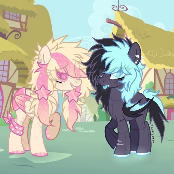 Size: 1080x1080 | Tagged: safe, artist:fluffponee, derpibooru import, oc, unofficial characters only, bat pony, pegasus, pony, robot, robot pony, :p, bat pony oc, bat wings, duo, ear piercing, earring, ethereal mane, eye clipping through hair, eyelashes, female, grin, hoof polish, image, jewelry, jpeg, mare, outdoors, pegasus oc, piercing, smiling, starry eyes, starry mane, tongue out, two toned wings, wingding eyes, wings