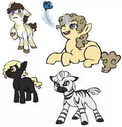 Size: 602x629 | Tagged: safe, artist:mew, derpibooru import, oc, oc:almond road, oc:bluebonnet, oc:bright lights, oc:zuberi, unofficial characters only, earth pony, pony, unicorn, zebra, colt, female, filly, flower, image, lying down, magic, male, png, prone