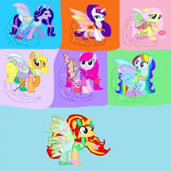 Size: 1856x1864 | Tagged: safe, artist:mlplary6, derpibooru import, applejack, fluttershy, pinkie pie, rainbow dash, rarity, spike, sunset shimmer, twilight sparkle, twilight sparkle (alicorn), alicorn, earth pony, fairy, pegasus, unicorn, aisha, alternate hairstyle, barely pony related, bloom (winx club), blue dress, clothes, colored wings, crossover, daphne (winx club), fairy wings, fairyized, flora (winx club), gradient wings, green dress, harmonix, high heels, image, layla, long hair, long mane, mane seven, mane six, musa, orange dress, pink dress, png, purple dress, shoes, sirenix, sparkly wings, stella (winx club), tecna, wings, winx club