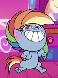 Size: 750x1000 | Tagged: safe, derpibooru import, screencap, rainbow dash, pegasus, pony, my little pony: pony life, spoiler:pony life s02e20, cropped, female, funny face, grin, image, little miss fortune, mare, png, rainbow dash is best facemaker, smiling