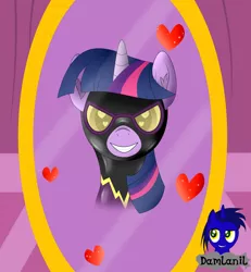 Size: 3840x4154 | Tagged: safe, alternate version, artist:damlanil, derpibooru import, twilight sparkle, twilight sparkle (alicorn), alicorn, pony, blushing, carousel boutique, catsuit, clothes, costume, cute, female, happy, heart, heart eyes, horn, image, latex, latex suit, looking at you, mare, mirror, open mouth, png, rubber, shadowbolts, shadowbolts costume, shine, shiny, simple background, smiling, solo, suit, twiabetes, vector, wingding eyes, wings