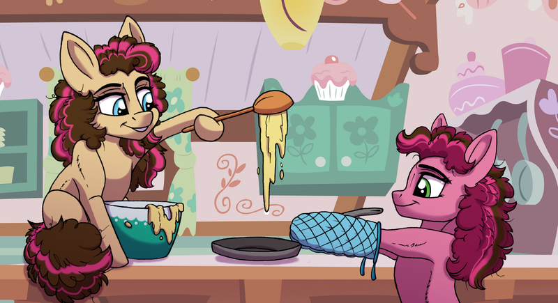 Size: 7010x3812 | Tagged: safe, artist:celestial-rainstorm, derpibooru import, oc, oc:cherry chimichanga, oc:confetti cake, unofficial characters only, earth pony, pony, absurd resolution, batter, female, filly, food, image, jpeg, mittens, offspring, parent:cheese sandwich, parent:pinkie pie, parents:cheesepie