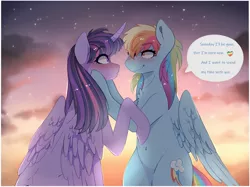 Size: 2088x1564 | Tagged: safe, artist:aaa-its-spook, derpibooru import, rainbow dash, twilight sparkle, twilight sparkle (alicorn), alicorn, pegasus, pony, belly button, blushing, chest fluff, female, hooves on cheeks, image, jpeg, lesbian, looking at each other, shipping, smiling, twidash