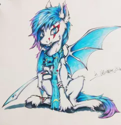 Size: 1243x1280 | Tagged: suggestive, artist:creature.exist, derpibooru import, oc, oc:vardar.lucidity, bat pony, pony, bandage, bat wings, blade, clothes, edge, fluffy, image, jpeg, photo, scar, scarf, solo, weapon, wings