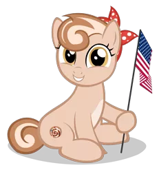 Size: 2720x2940 | Tagged: safe, artist:strategypony, derpibooru import, oc, oc:cinnamon spangled, earth pony, pony, 4th of july, american flag, american independence day, bandana, cute, female, filly, flag, foal, holding a flag, holiday, image, looking at you, png, united states