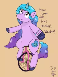 Size: 2304x3072 | Tagged: safe, artist:piropie, derpibooru import, izzy moonbow, unicorn, bipedal, dat boi, g5, image, meme, png, pun, simple background, solo, text, unicycle