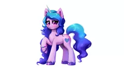 Size: 3840x2160 | Tagged: safe, artist:confetticakez, derpibooru import, izzy moonbow, pony, unicorn, blushing, bracelet, chest fluff, cute, ear fluff, eyelashes, female, g5, high res, hoof fluff, image, izzybetes, jewelry, jpeg, looking at you, mare, raised hoof, simple background, smiling, solo, unshorn fetlocks, white background