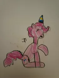 Size: 3024x4032 | Tagged: safe, artist:joeydr, derpibooru import, pinkie pie, earth pony, pony, atg 2021, eyes closed, female, hat, image, jpeg, mare, newbie artist training grounds, party hat, raised hoof, signature, solo