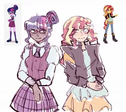 Size: 2048x1823 | Tagged: safe, artist:sunricello, derpibooru import, sci-twi, sunset shimmer, twilight sparkle, equestria girls, clothes, crystal prep academy uniform, dark skin, dress, female, glasses, human coloration, image, jacket, jpeg, leather jacket, lesbian, looking at each other, necktie, school uniform, scitwishimmer, shipping, shirt, simple background, skirt, sunsetsparkle, vest, white background