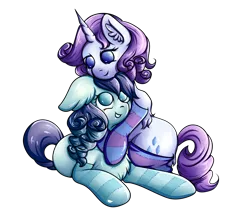 Size: 3848x3420 | Tagged: safe, artist:coco-drillo, derpibooru import, coloratura, rarity, earth pony, pony, unicorn, alternate hairstyle, chest fluff, clothes, ear fluff, female, floppy ears, hug, hugging a pony, image, lesbian, looking down, looking up, lying down, mare, png, rarararara, shipping, simple background, sitting, socks, stockings, striped socks, thigh highs, transparent background