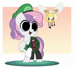 Size: 2343x2150 | Tagged: safe, artist:syrupyyy, derpibooru import, sweetie belle, pony, unicorn, alternate hairstyle, bag, belt, clothes, cosplay, costume, crossover, cute, cutiefly, diasweetes, female, filly, hat, image, jpeg, open mouth, pants, pokéball, pokémon, pokémon trainer, ponytail, raised hoof, shirt, skirt, solo