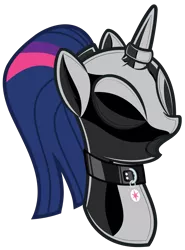 Size: 2558x3451 | Tagged: semi-grimdark, artist:severity-gray, derpibooru import, twilight sparkle, twilight sparkle (alicorn), alicorn, pony, alternate hairstyle, asphyxiation, breathplay, bust, clothes, collar, cutie mark, cutie mark accessory, cutie mark collar, horn, horn ring, image, jewelry, latex, latex mask, latex suit, magic suppression, mask, open mouth, png, ponytail, portrait, ring, rubber, shiny, simple background, solo, suffocating, transparent background