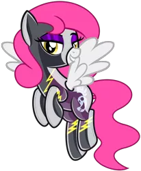 Size: 5244x6352 | Tagged: safe, artist:severity-gray, derpibooru import, oc, oc:storm cloud, unofficial characters only, pegasus, pony, bedroom eyes, clothes, costume, eyeshadow, flying, grin, hooves together, image, latex, latex suit, looking at you, makeup, png, rubber, rubber suit, shadowbolts costume, shiny, smiling, solo, spread wings, wings