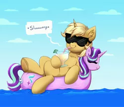 Size: 4000x3449 | Tagged: safe, artist:confetticakez, derpibooru import, starlight glimmer, oc, oc:sunlight bolt, unofficial characters only, pony, unicorn, air nozzle, drinking straw, eyes closed, floating, frog (hoof), image, jpeg, piña colada (drink), pool toy, smiling, sunglasses, underhoof