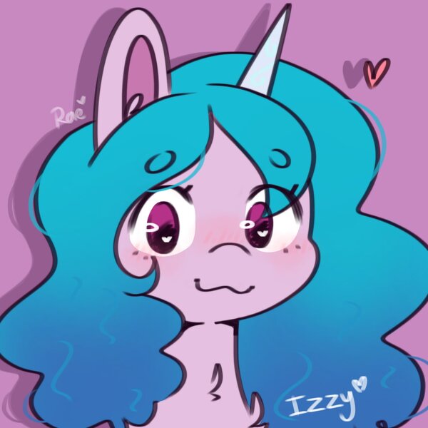 Size: 1280x1280 | Tagged: safe, artist:dearysnowy, derpibooru import, izzy moonbow, pony, unicorn, bust, chest fluff, cute, female, g5, heart, heart eyes, image, izzybetes, jpeg, looking at you, mare, portrait, purple background, simple background, solo, wingding eyes