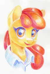 Size: 700x1036 | Tagged: safe, artist:maytee, derpibooru import, apple bloom, earth pony, pony, bust, clothes, colored pencil drawing, image, jpeg, looking at you, portrait, shirt, smiling, solo, traditional art