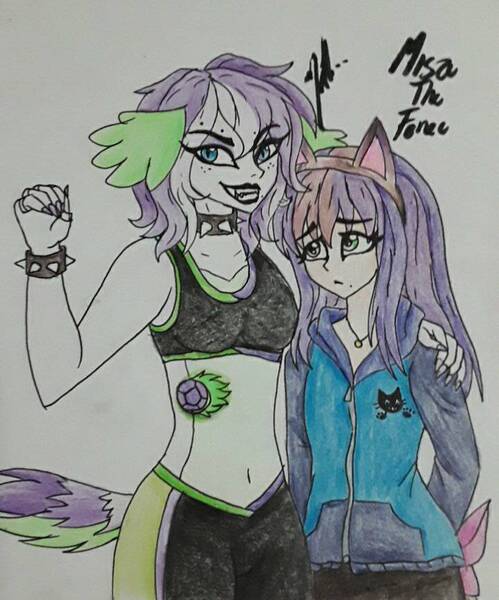 Size: 720x866 | Tagged: safe, artist:theumbramistress, derpibooru import, oc, oc:amethyst, oc:ragdoll, dracony, hybrid, equestria girls, belly button, bracelet, cat ears, choker, clothes, duo, female, half-siblings, hand on shoulder, hoodie, image, interspecies offspring, jpeg, midriff, offspring, parent:ragamuffin, parent:rarity, parent:spike, parents:rarimuffin, parents:sparity, siblings, sisters, spiked choker, spiked wristband, sports bra, traditional art, wristband