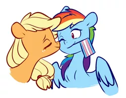 Size: 1280x999 | Tagged: safe, artist:chub-wub, derpibooru import, applejack, rainbow dash, earth pony, pegasus, pony, appledash, crying, cute, dashabetes, eyes closed, female, freckles, image, jackabetes, jpeg, kiss on the cheek, kissing, lesbian, mare, mouth hold, one eye closed, pride, pride flag, shipping, simple background, tears of joy, trans female, transgender, transgender pride flag, white background, wink