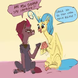 Size: 816x810 | Tagged: safe, artist:alumx, derpibooru import, princess skystar, tempest shadow, classical hippogriff, hippogriff, pony, unicorn, my little pony: the movie, broken horn, dialogue, female, horn, image, jpeg, mare, sitting, speech bubble